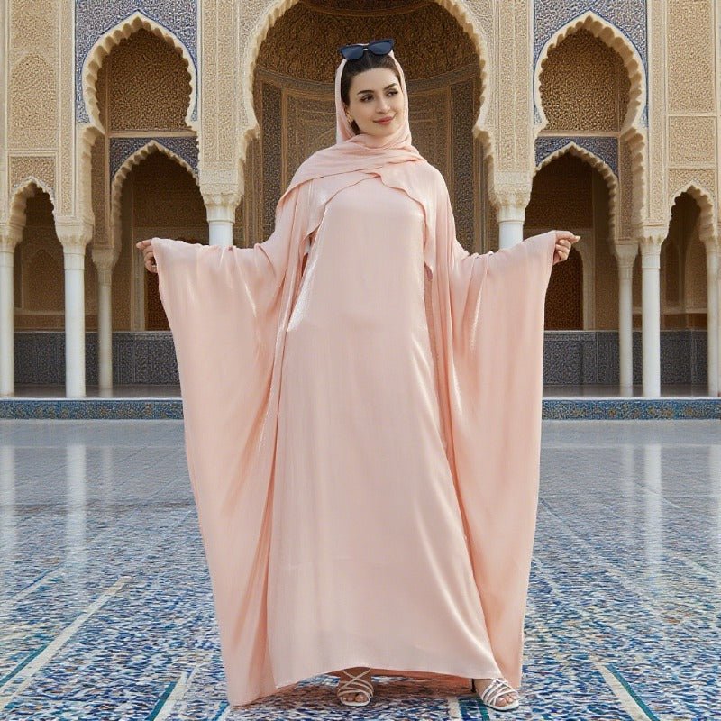 Elegant Shimmer Batwing Abaya Set with Hijab | Two-Piece Pullover Style Layered Look(MA315)
