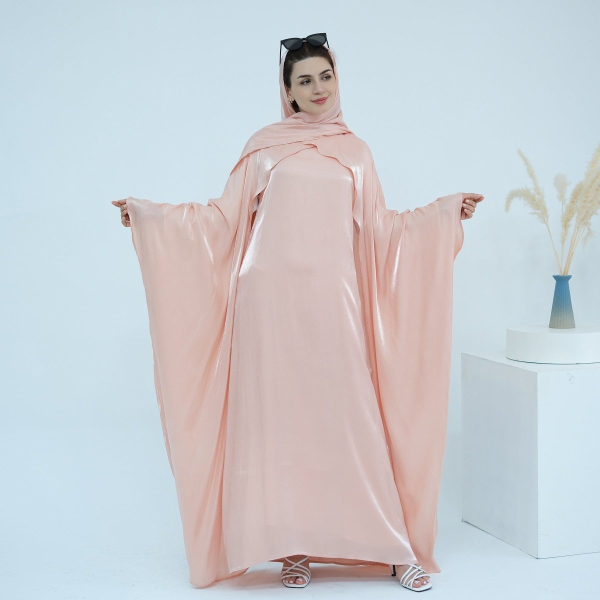 Elegant Shimmer Batwing Abaya Set with Hijab | Two-Piece Pullover Style Layered Look(MA315)