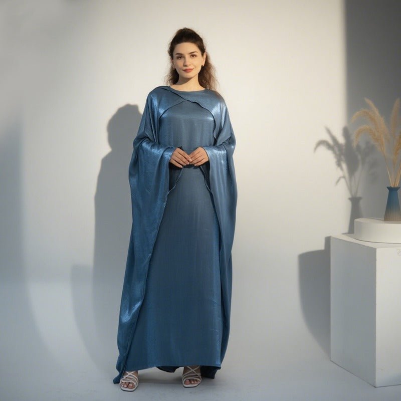 Elegant Shimmer Batwing Abaya Set with Hijab | Two-Piece Pullover Style Layered Look(MA315)