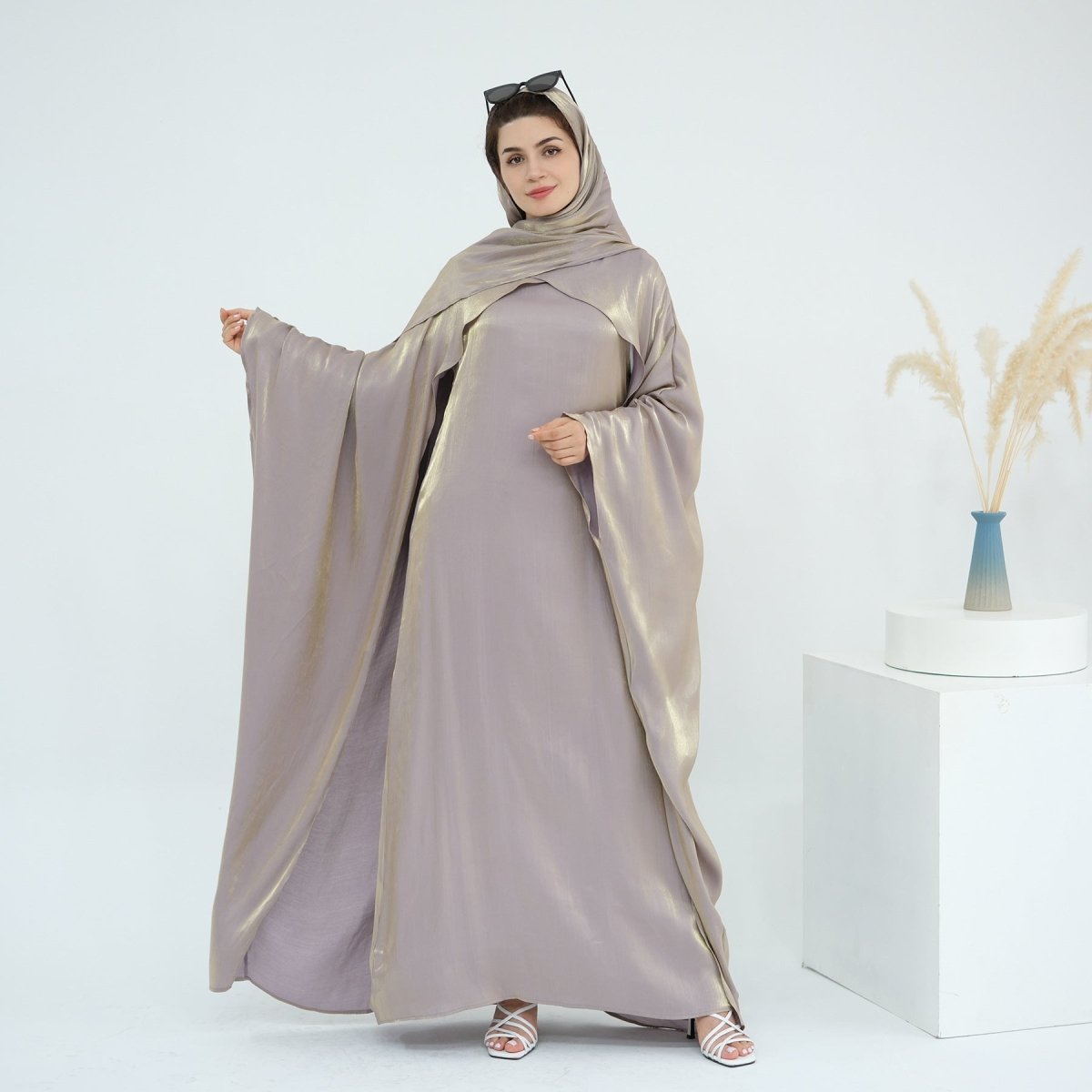 Elegant Shimmer Batwing Abaya Set with Hijab | Two-Piece Pullover Style Layered Look(MA315)
