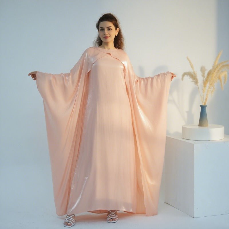 Elegant Shimmer Batwing Abaya Set with Hijab | Two-Piece Pullover Style Layered Look(MA315)