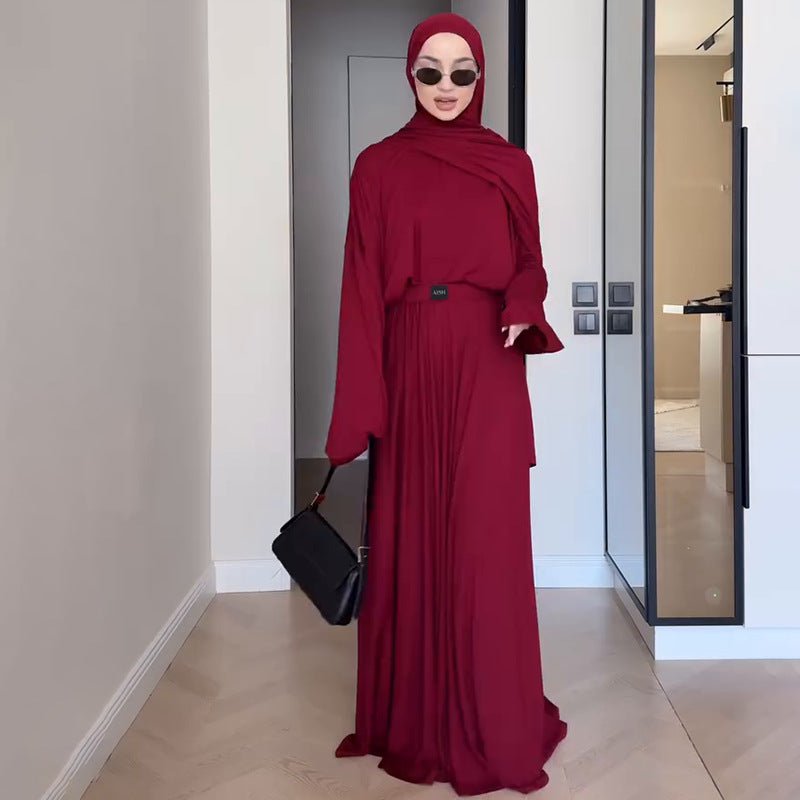 Elegant Solid Color Two-Piece Set | Side Slit Long Sleeve Top &  Pleated Skirt(MS135)