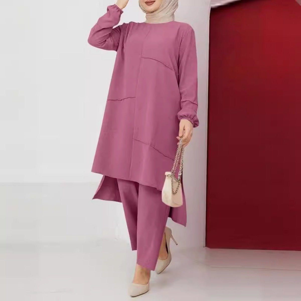 Elegant Sportswear Two-Piece Set | Modest Muslim Athleisure Bubble Sleeve Top & Wide Leg Pants (MS101)