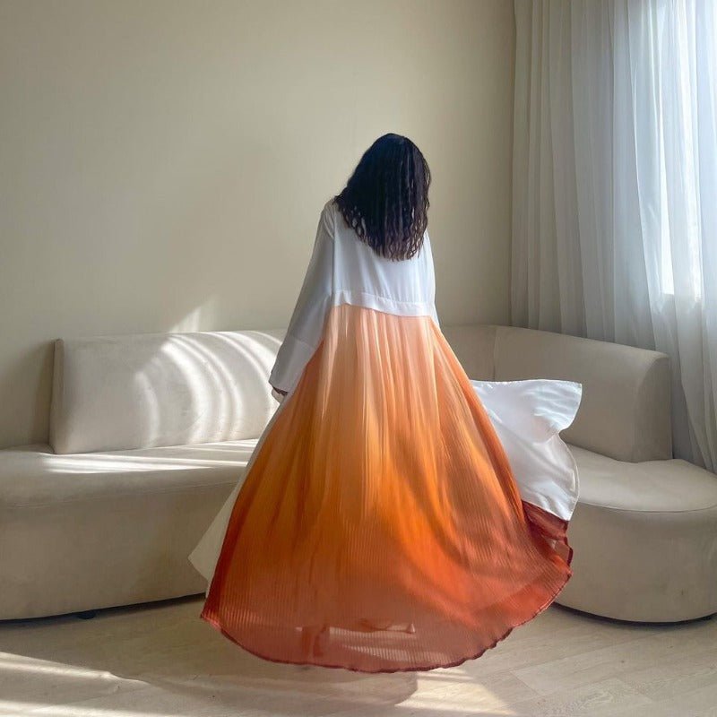Elegant Gradient Pleated Abaya Robe | Modest Muslim Chiffon Maxi Dress (MOA223)