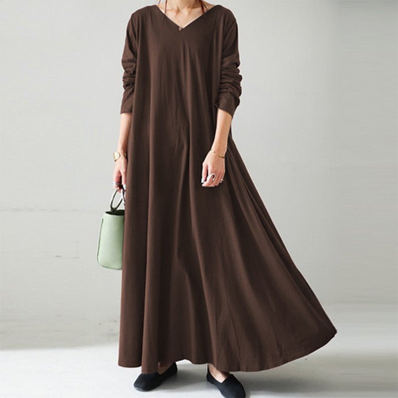 Elegant V-Neck Long Sleeve Maxi Dress | Loose Fit Dress with Hidden Pockets(MA314)