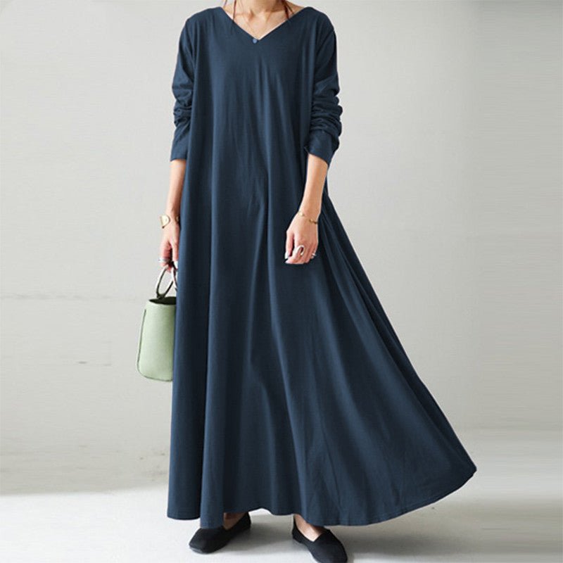 Elegant V-Neck Long Sleeve Maxi Dress | Loose Fit Dress with Hidden Pockets(MA314)