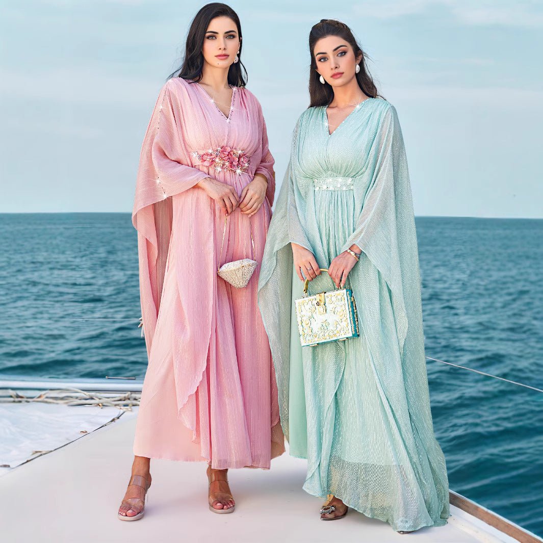 Elegant V-Neck Luxury Hand-Sewn Bead Embellished Travel & Party Abaya Robe Dress (MA188)