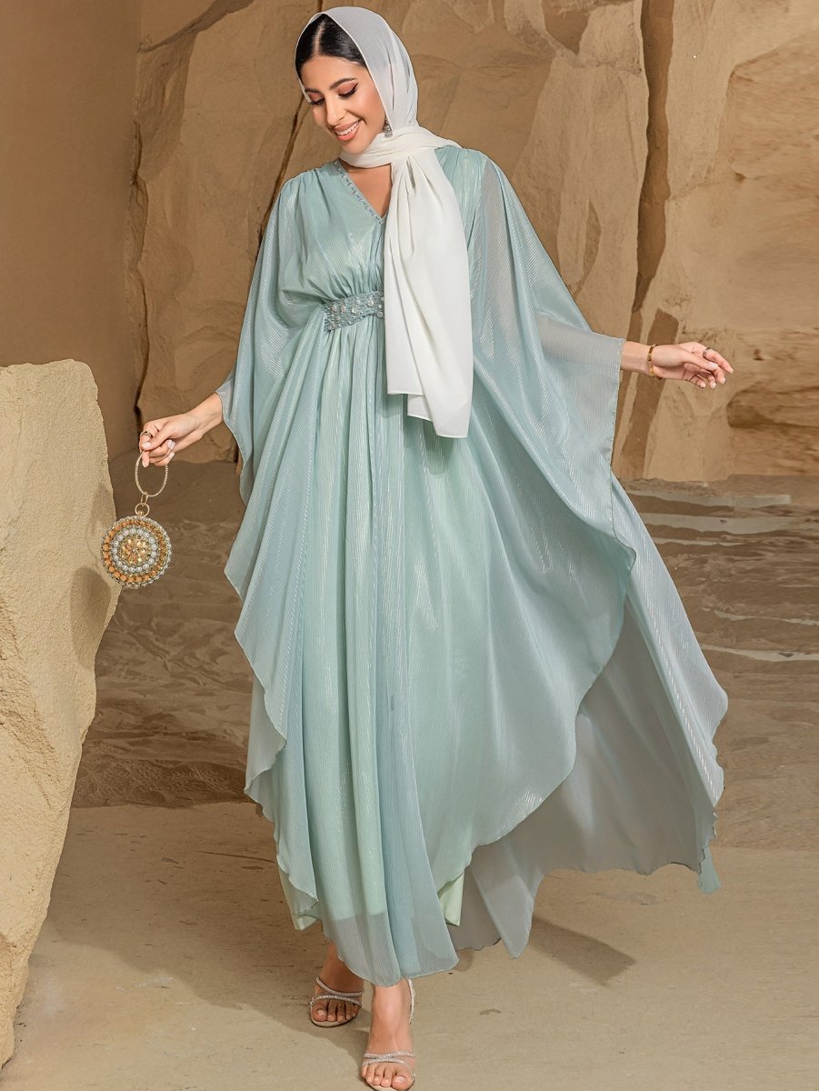 Elegant V-Neck Luxury Hand-Sewn Bead Embellished Travel & Party Abaya Robe Dress (MA188)