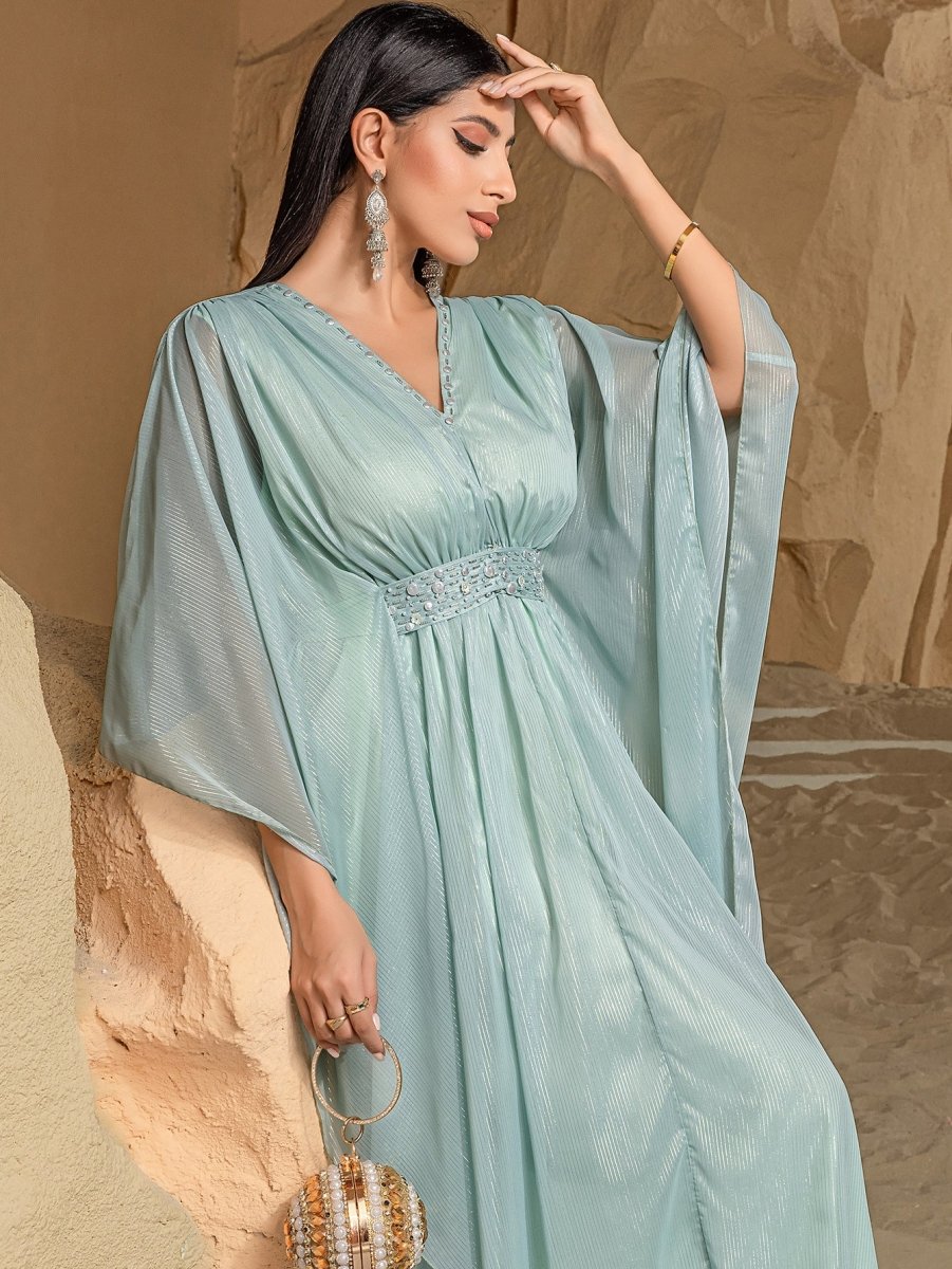 Elegant V-Neck Luxury Hand-Sewn Bead Embellished Travel & Party Abaya Robe Dress (MA188)