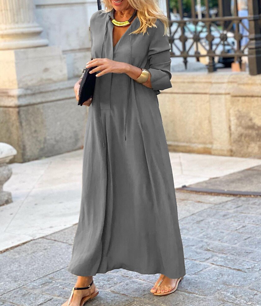 Elegant V-Neck Maxi Dress with Drawstring Design | Contemporary Modest Wear (MS121)