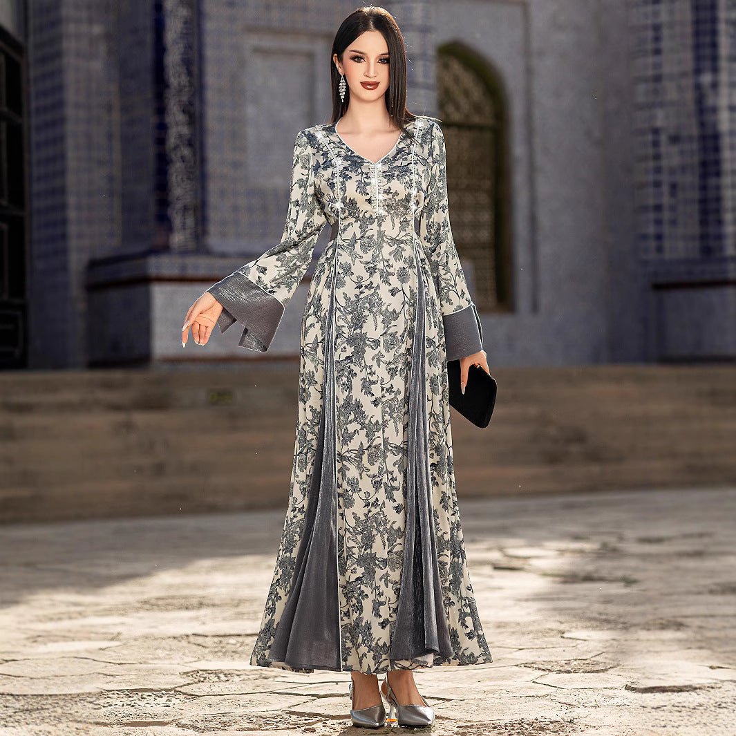 Elegant V-Neck Satin Floral Hand-Stitched Pearl & Crystal Bead Long Sleeve Maxi Dress with Gray Abaya Dress(MA192)