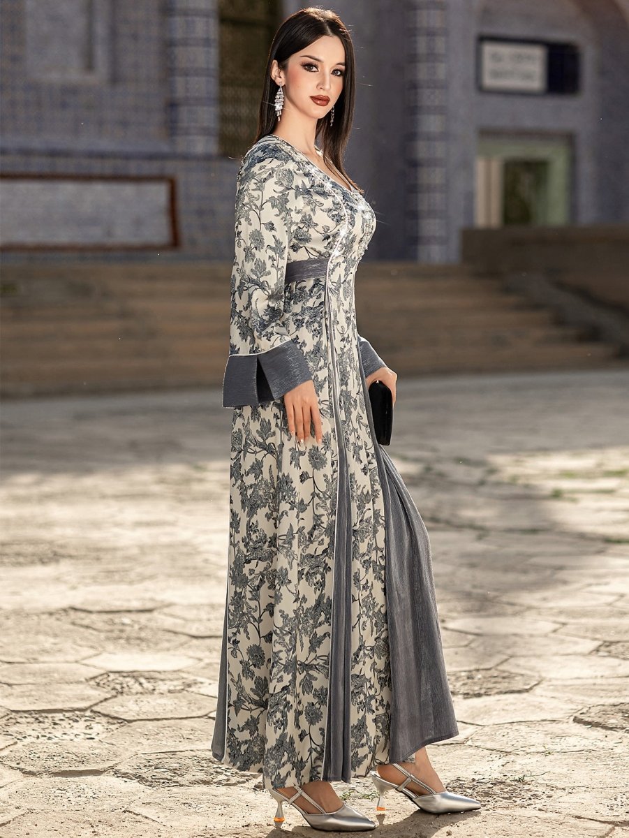 Elegant V-Neck Satin Floral Hand-Stitched Pearl & Crystal Bead Long Sleeve Maxi Dress with Gray Abaya Dress(MA192)