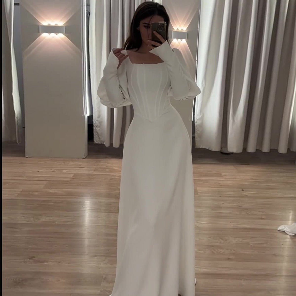 Elegant White Square Neck Long Sleeve Bubble Sleeve Modest Dress Abaya  (MA228)
