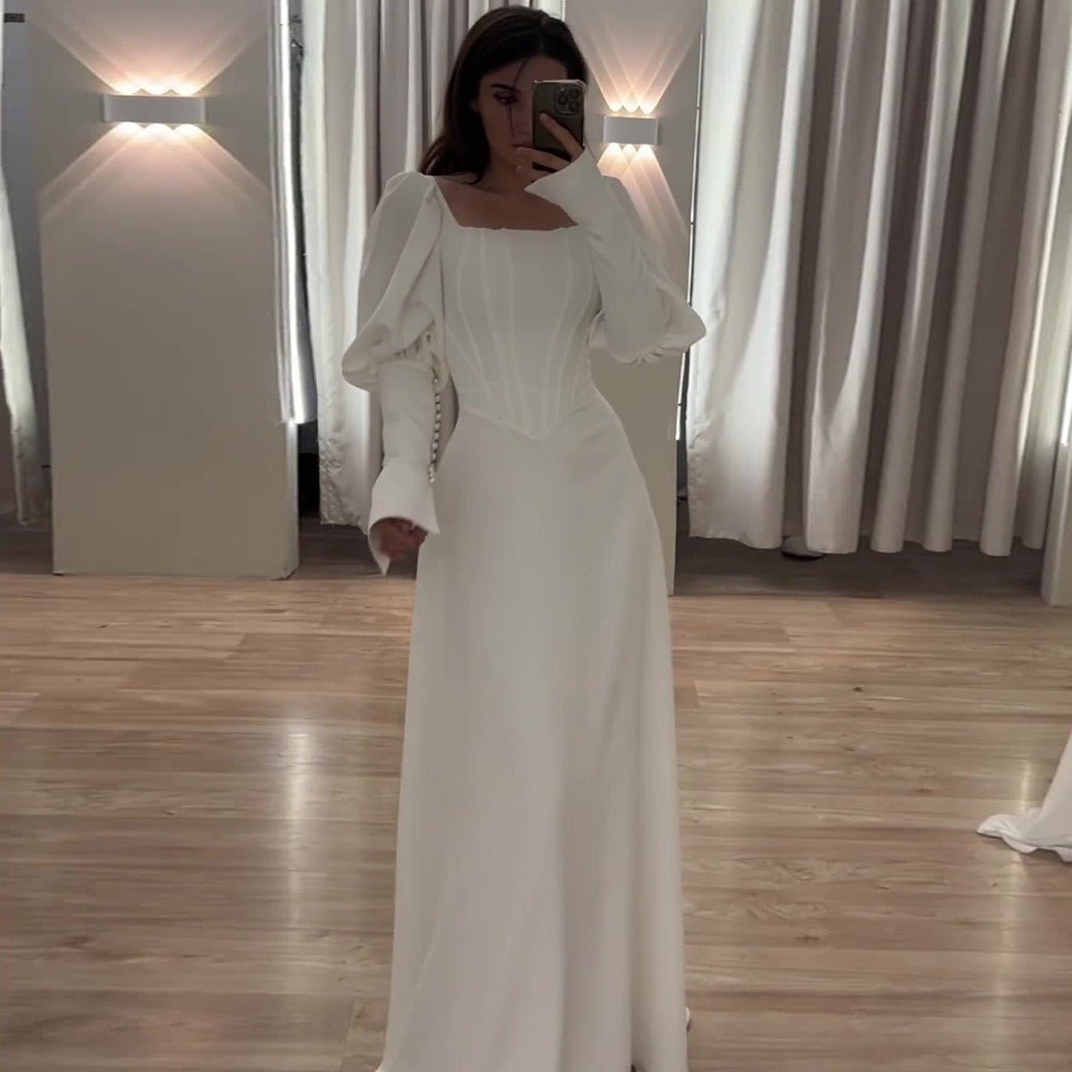 Elegant White Square Neck Long Sleeve Bubble Sleeve Modest Dress Abaya  (MA228)