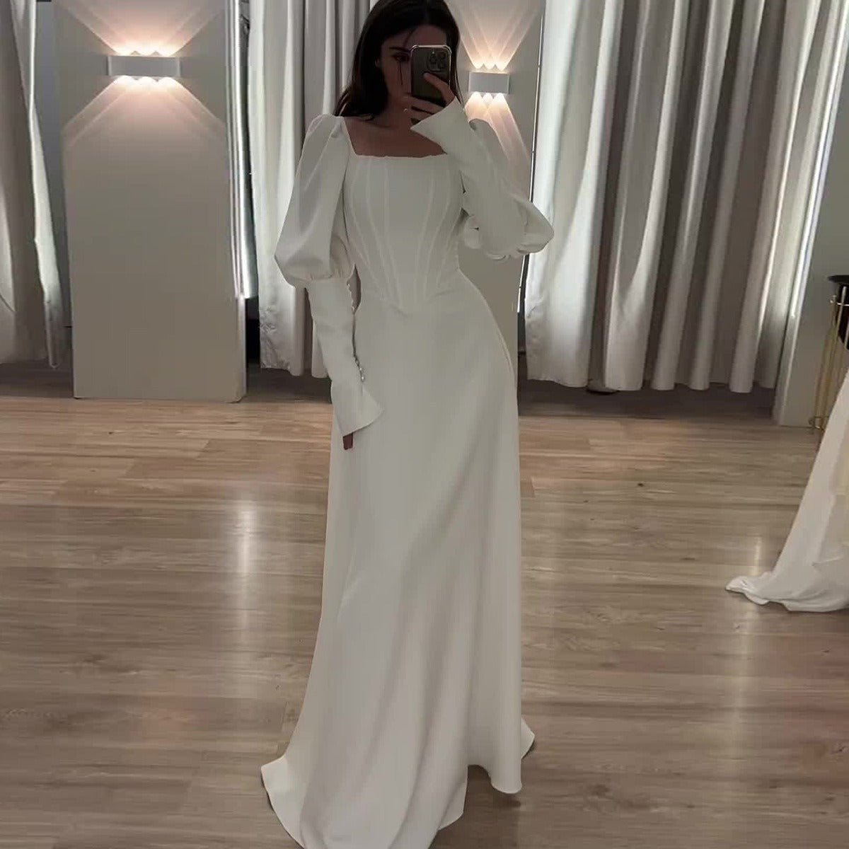 Elegant White Square Neck Long Sleeve Bubble Sleeve Modest Dress Abaya  (MA228)