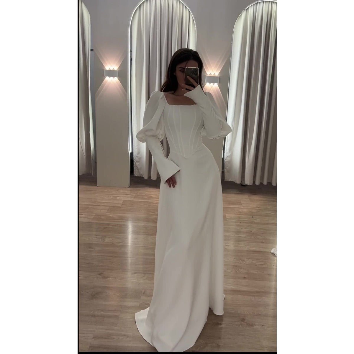 Elegant White Square Neck Long Sleeve Bubble Sleeve Modest Dress Abaya  (MA228)