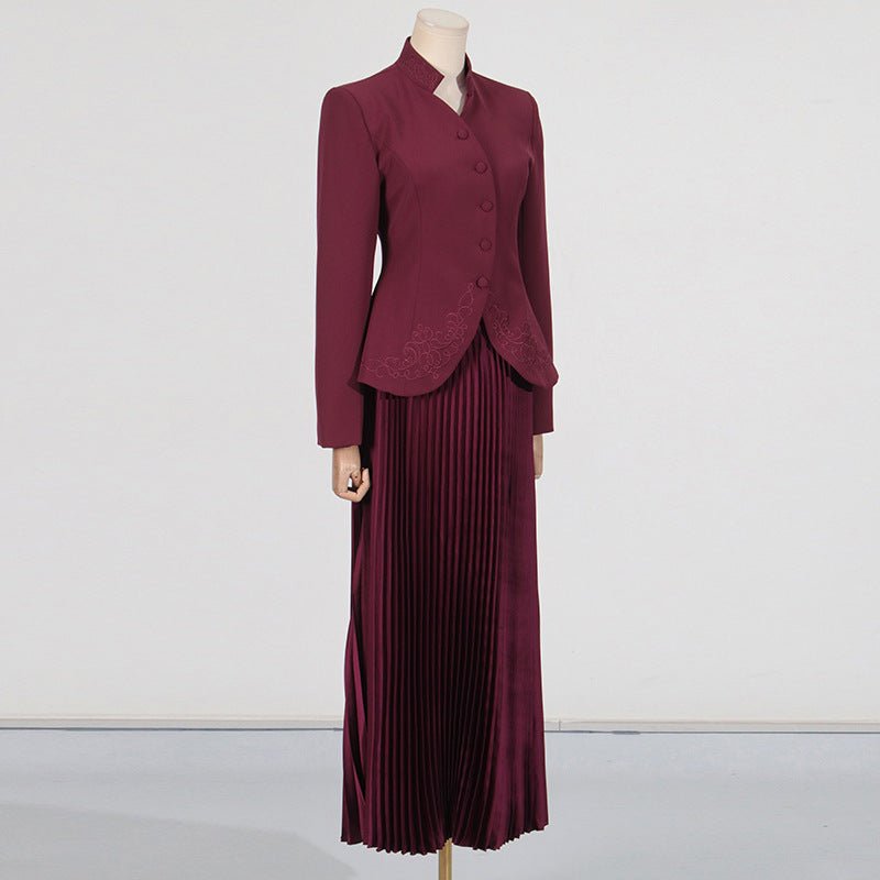 Embroidered Blazer & Pleated Skirt Set(MS214)