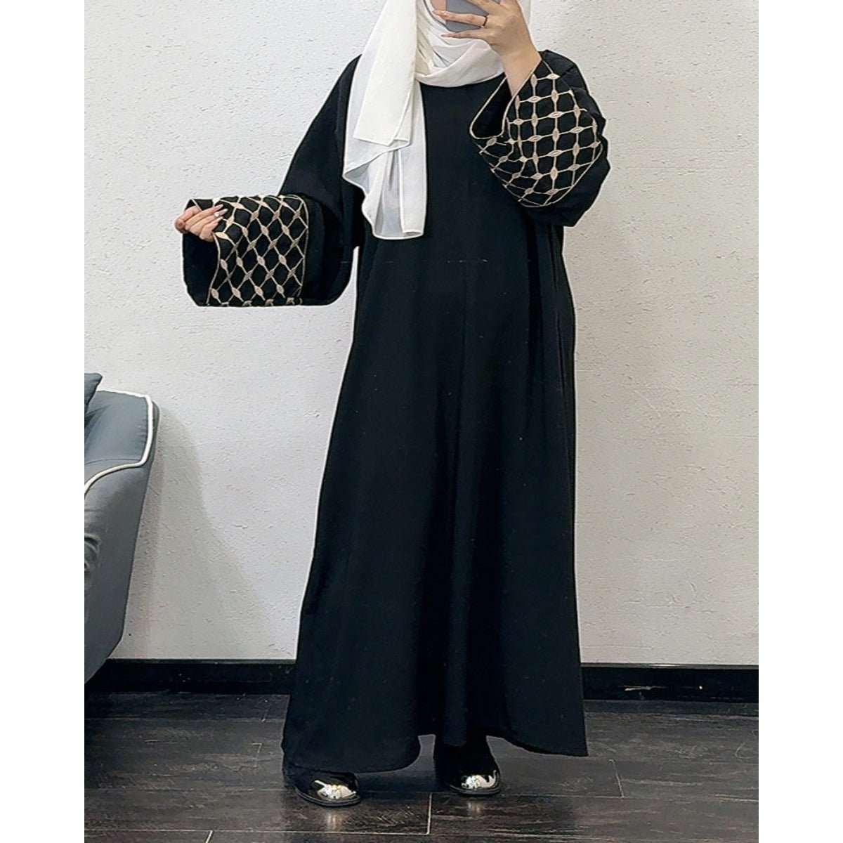 Embroidered Pattern Abaya Robe Dress - Modest Muslim Long Sleeve Maxi with Detachable Belt(MA272)