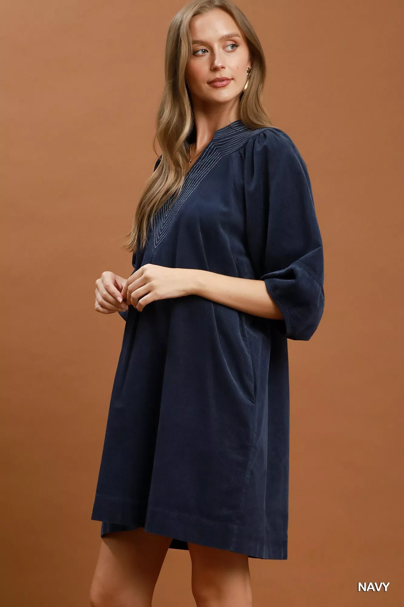 Umgee Corduroy V-Neck Puff Sleeve Shift Dress with Pockets
