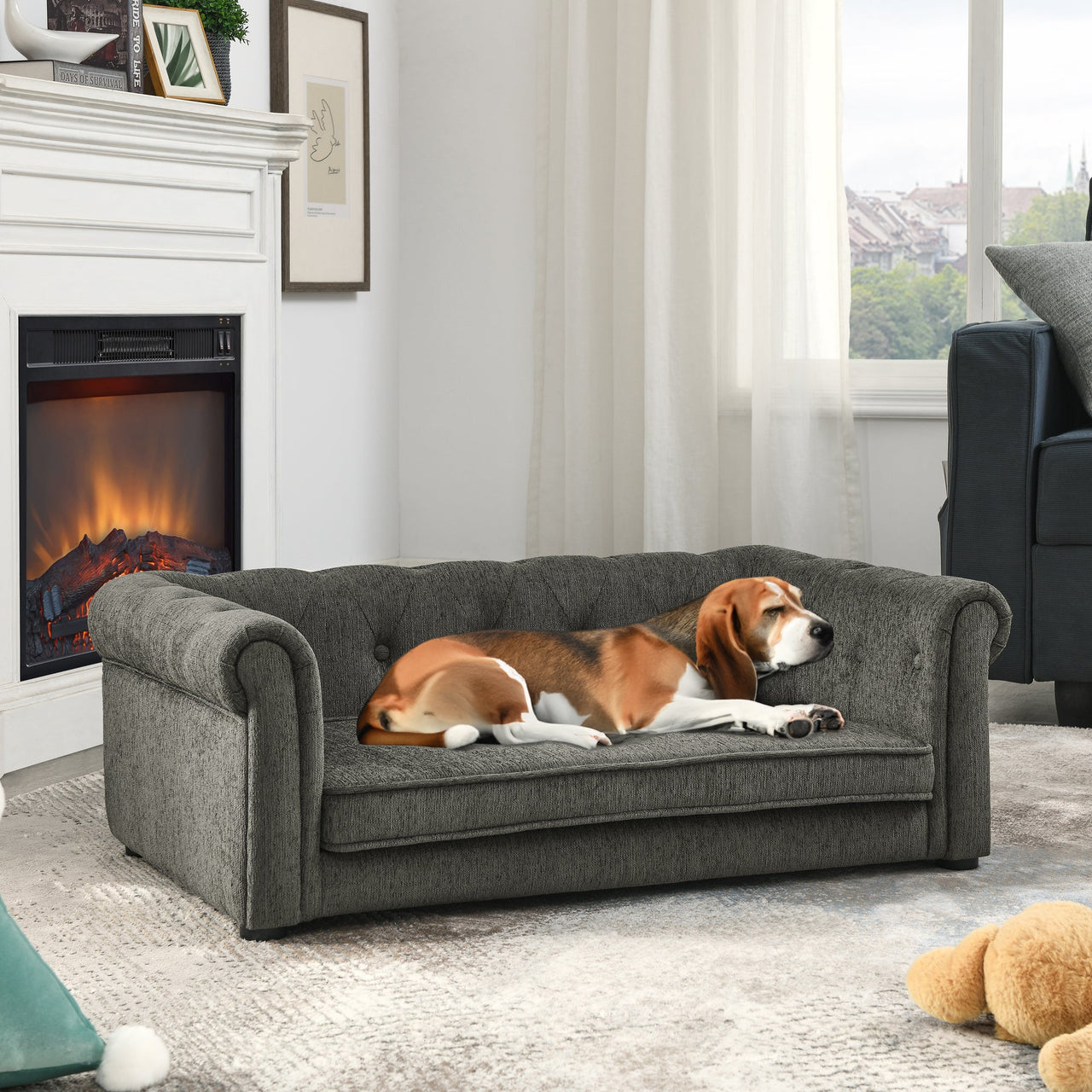 Modern Style Elegant Rectangle Pet Bed for Small and Medium Dogs, Durable Elevated Dog Sofa, Dark Grey Foam