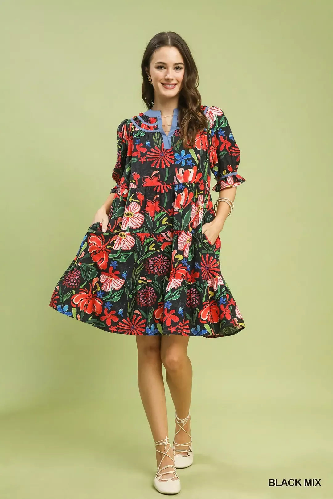 Umgee Floral Tiered Puff Sleeve Dress