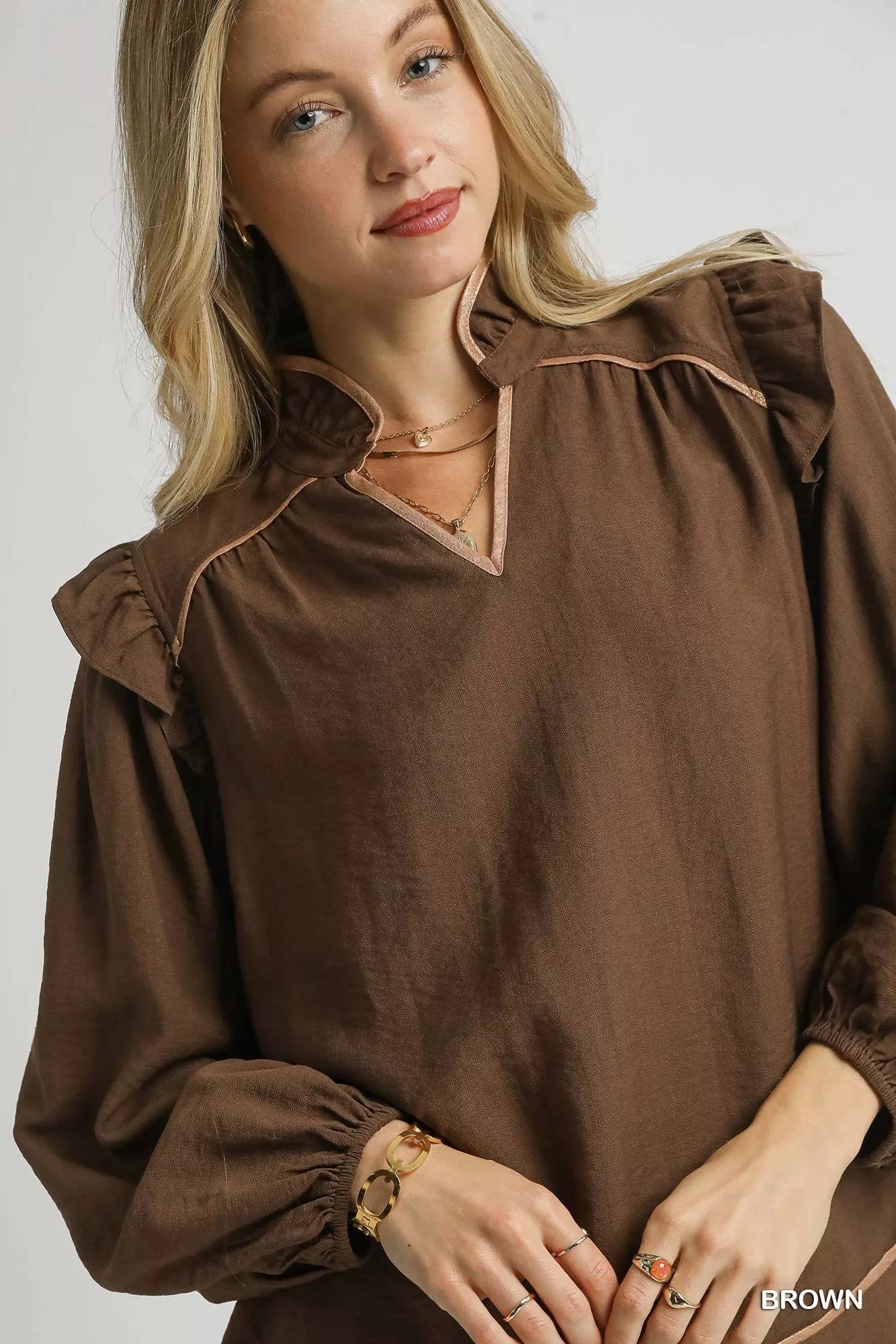 Umgee Ruffle Shoulder Long Sleeve Blouse