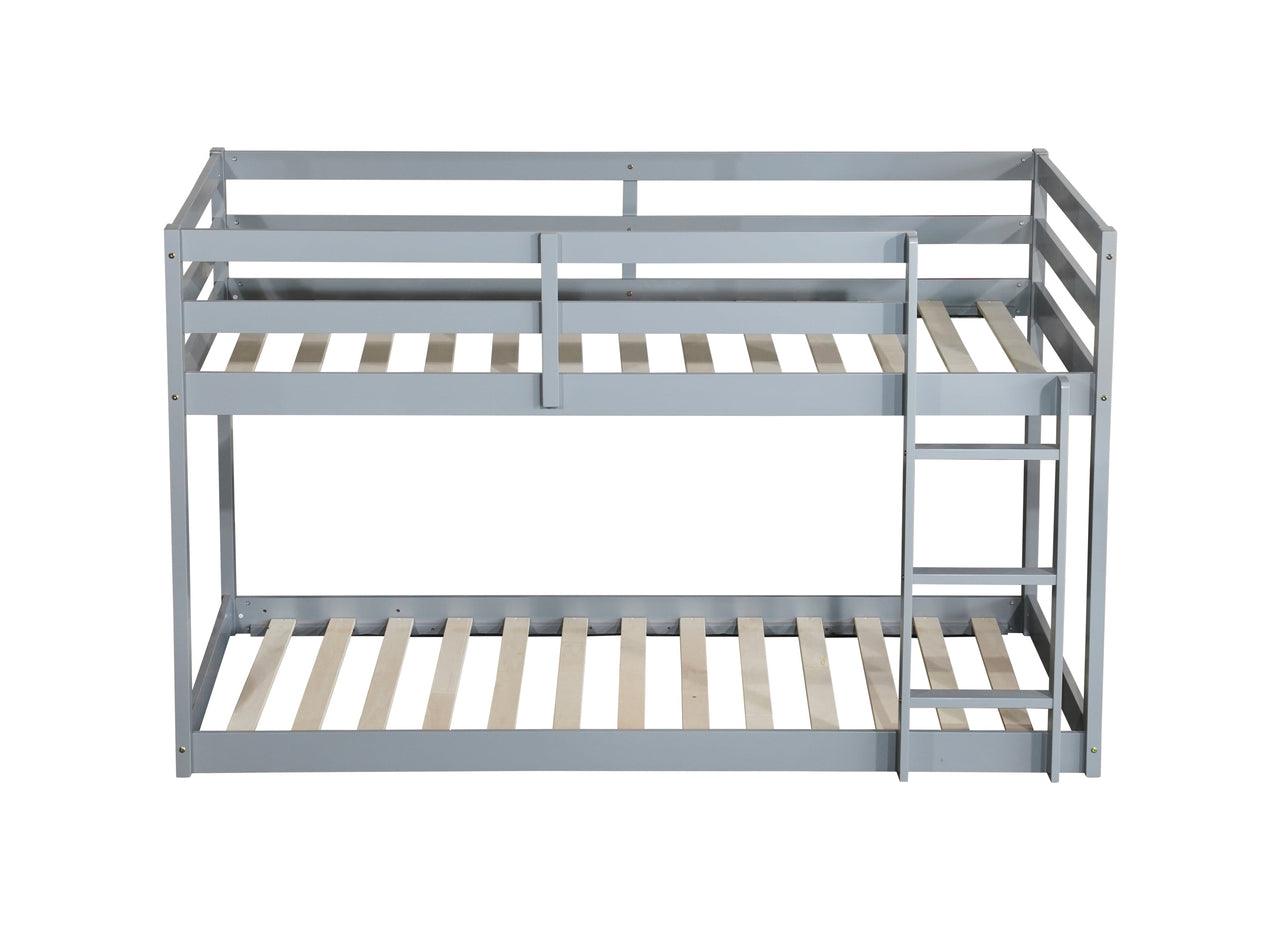 Solid Wooden , Solid Rubber Wooden Twin over Twin Floor Bunk Bed with Ladder ,Upper and Bottom Bed Platforms crafted with Strengthened Slats ,Grey