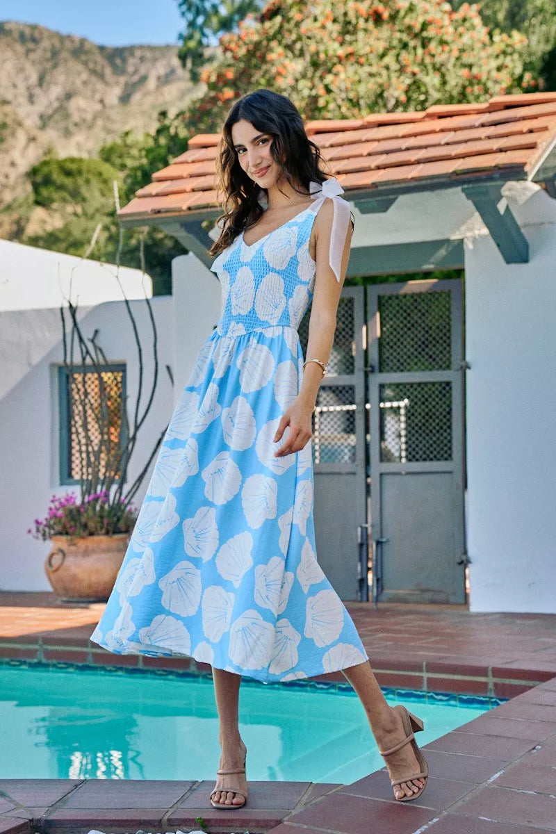 SO ME Shell Smocked Bodice Shoulder Tie Lined Midi Dress