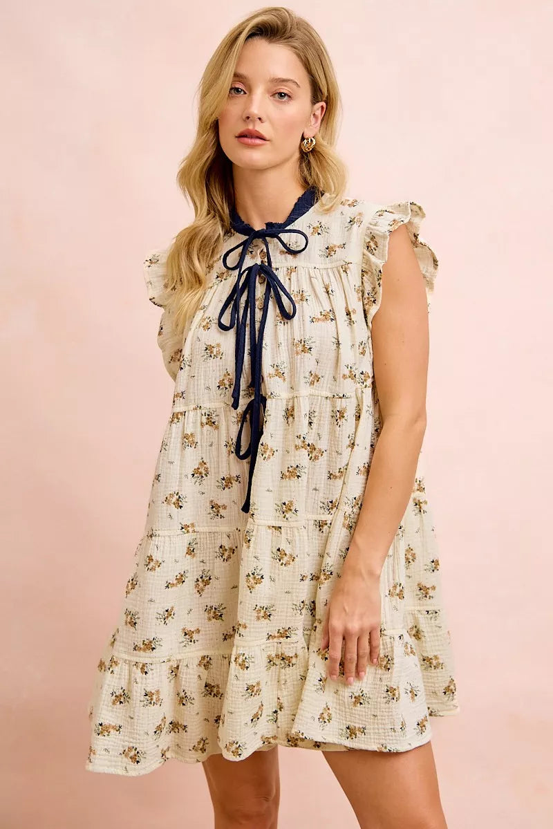 BiBi Floral Multi-tierd Dress With Ruffles And Front Tie