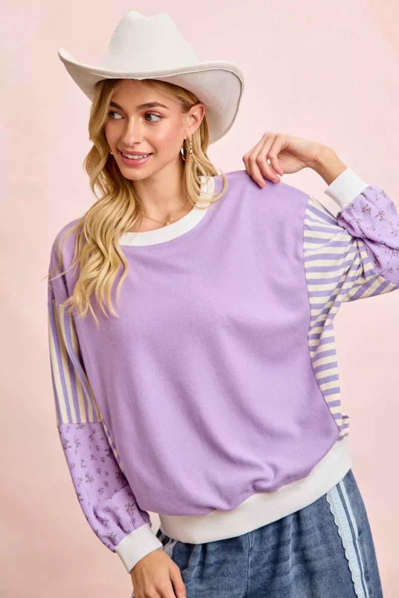 BiBi Mix and Match Sweatshirt with Floral Sleeve Striped