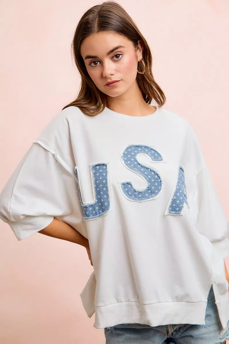 BiBi 4th Of July Usa Letter Patchwork French Terry Top