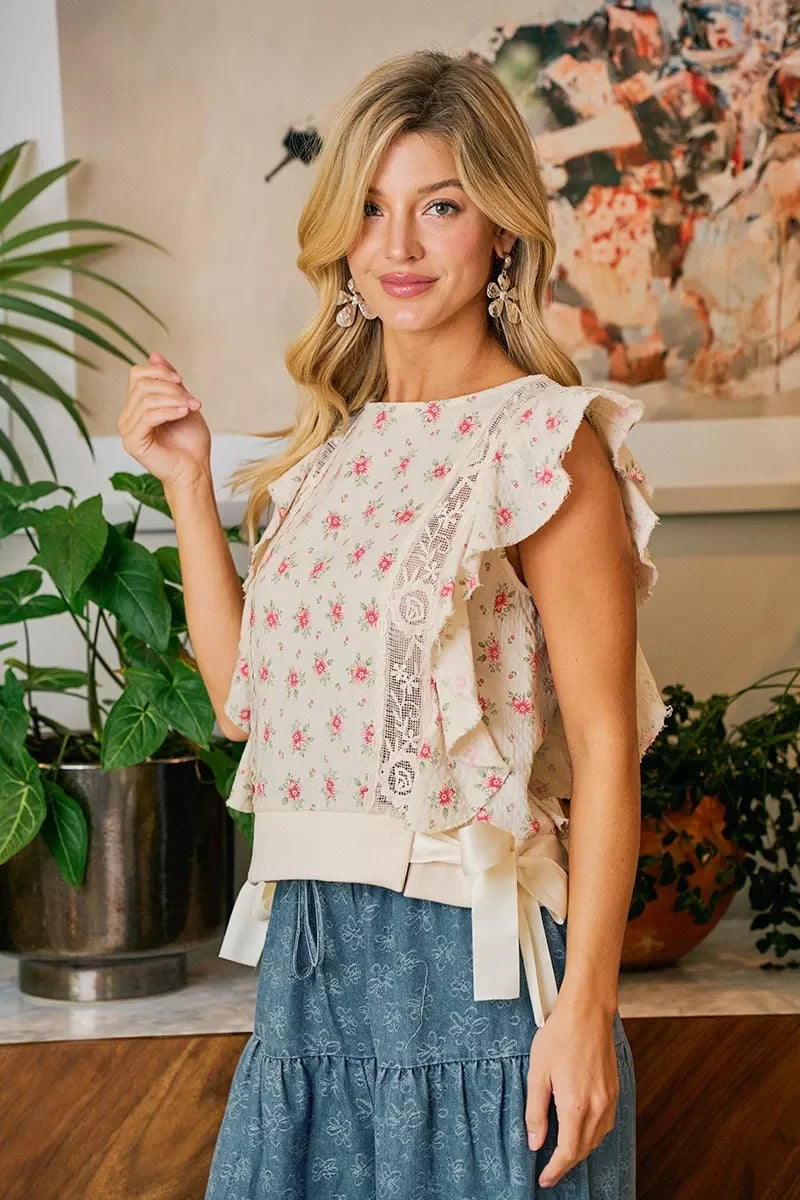 BiBi Flower Printed Ruffle Sleeve Trim Detail Top