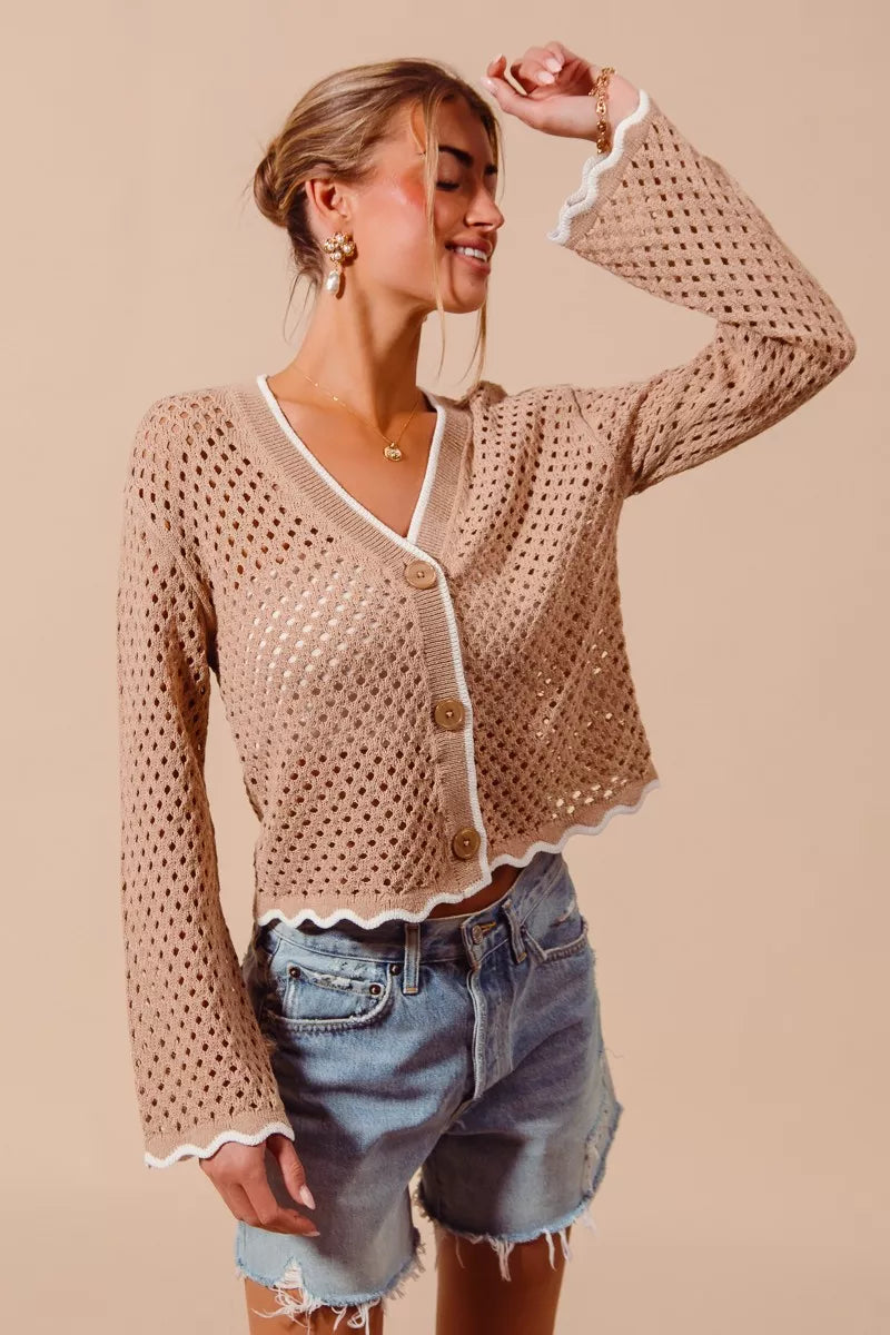 SO ME Open Knit Light Weight Sweater Cardigan With Contrast Wavy Scallop Edge
