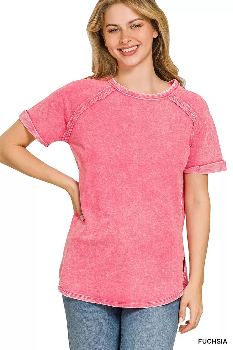 Zenana French Terry Washed Curved Hem Top