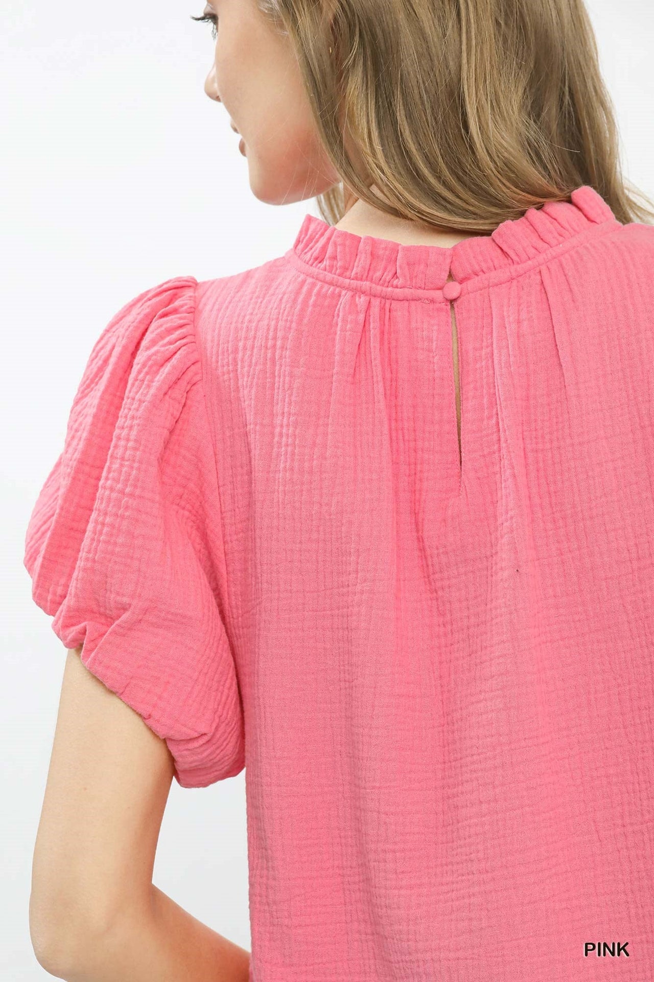 Umgee Textured Gauze Ruffle Neck Boho Top