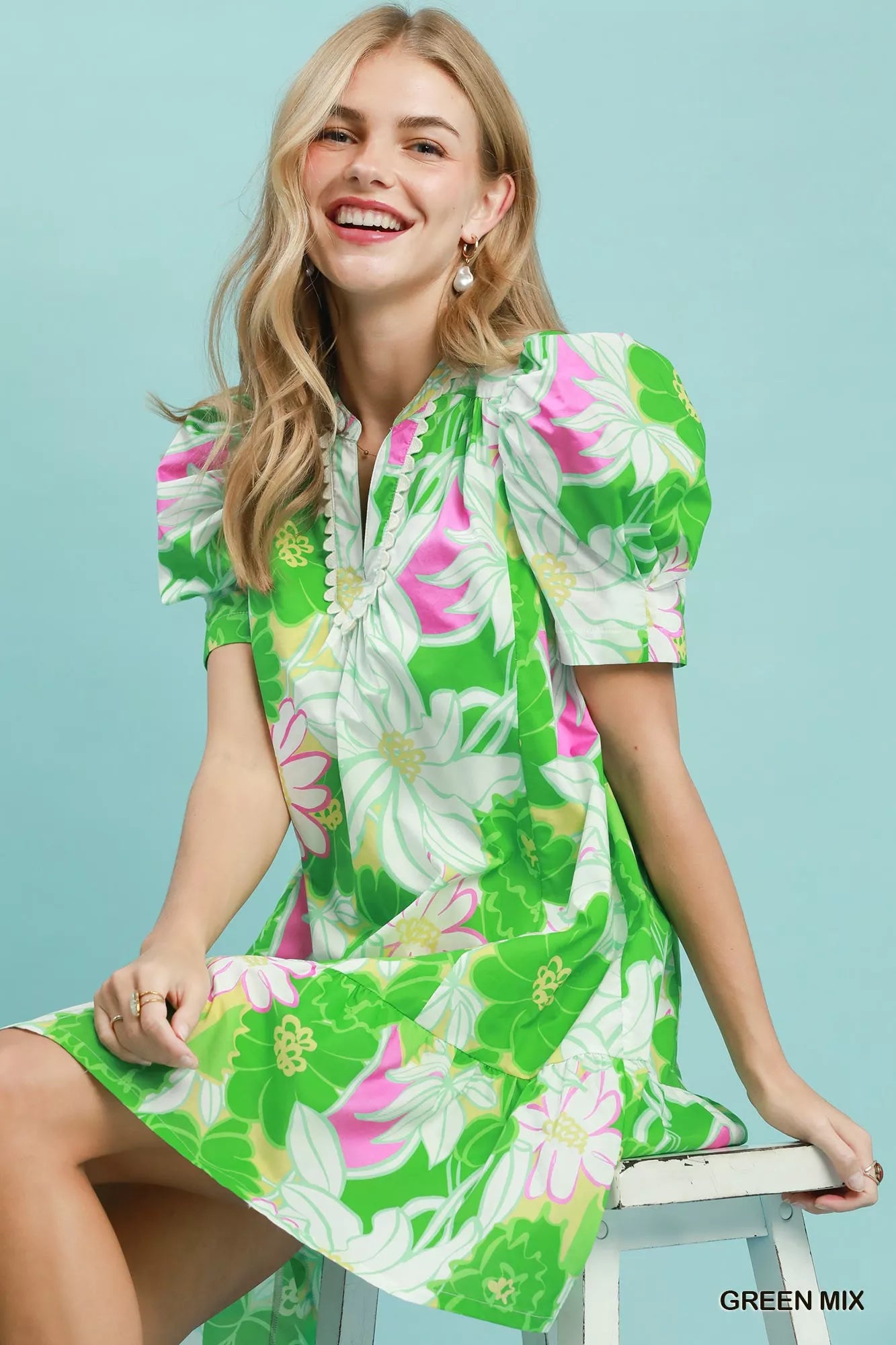 Umgee Floral Puff Sleeve Tiered Mini Dress