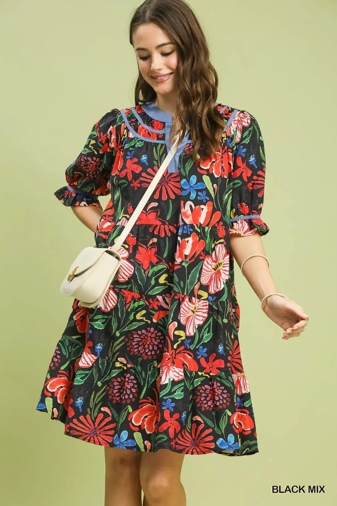 Umgee Floral Tiered Puff Sleeve Dress