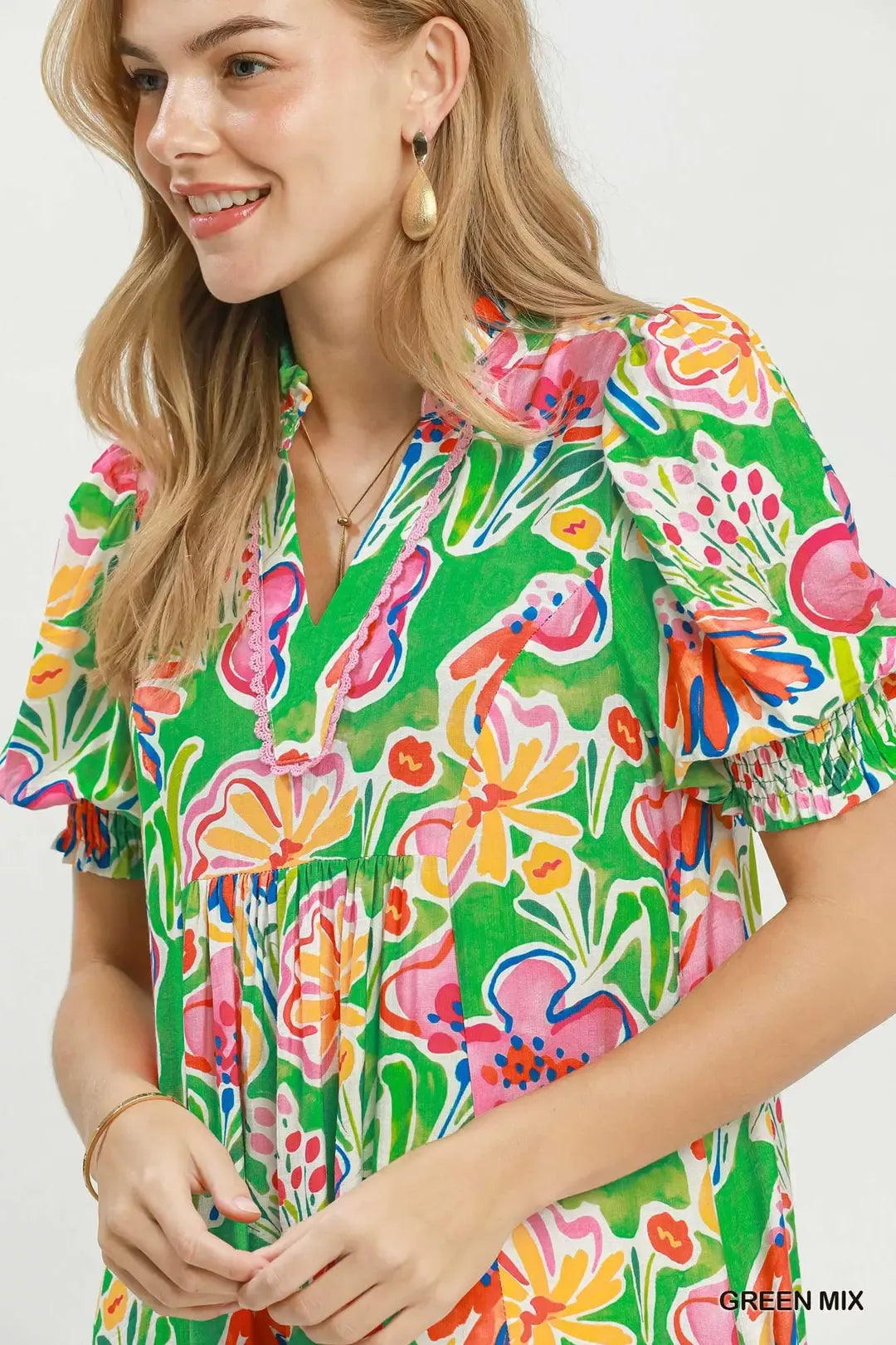 Umgee Floral Print Puff Sleeve Tiered Midi Dress