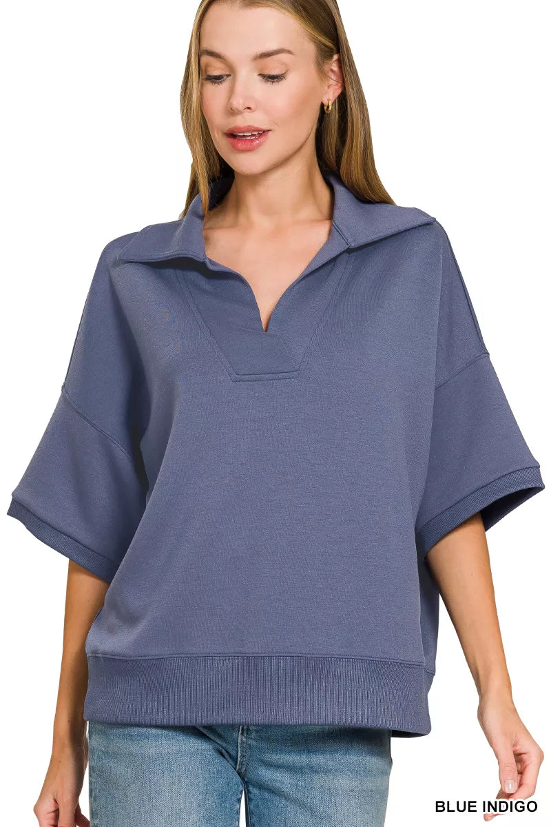 Zenana Scuba Collared Short Sleeve Pullover
