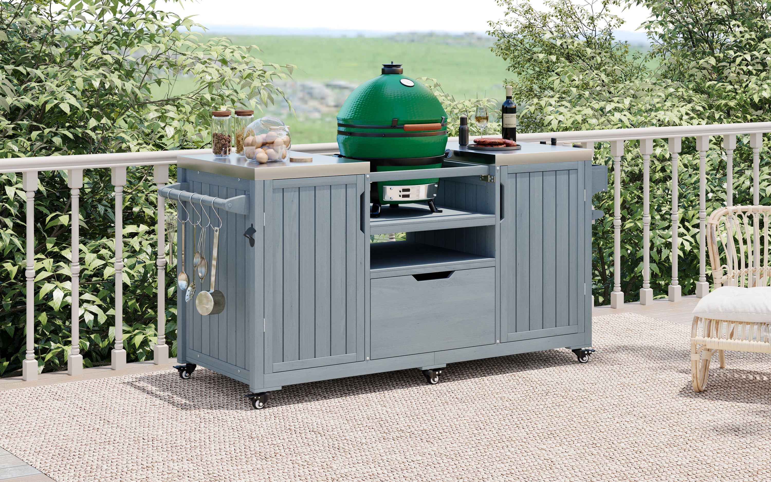 K&K 66.5' Outdoor Kitchen Island for Big Green Egg Grills, Solid Wood Outdoor Grill Cart for Tabletop Grill with Stainless Steel Top, Drawer, Compatible with Large Big Green Egg, Kamado Joe- Grey Blue