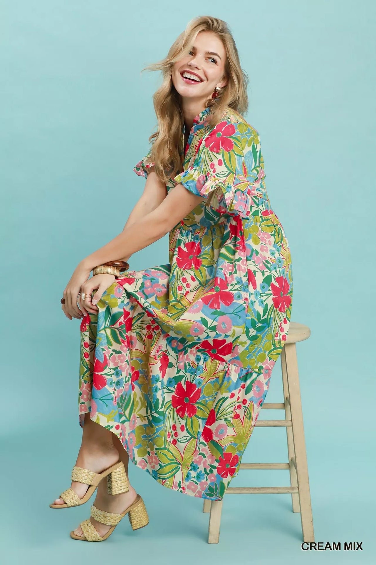 Umgee Tropical Floral Ruffle Sleeve Tiered Midi Dress