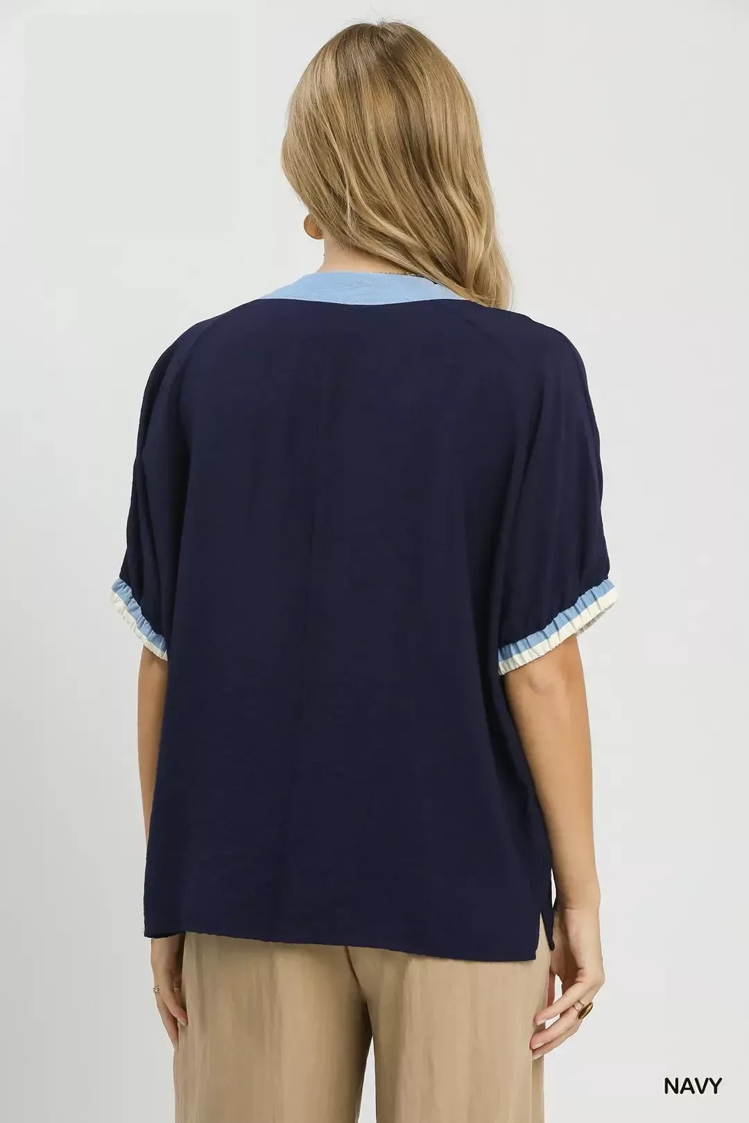 Umgee Embroidered Floral V-Neck Short Sleeve Blouse with Contrast Trim