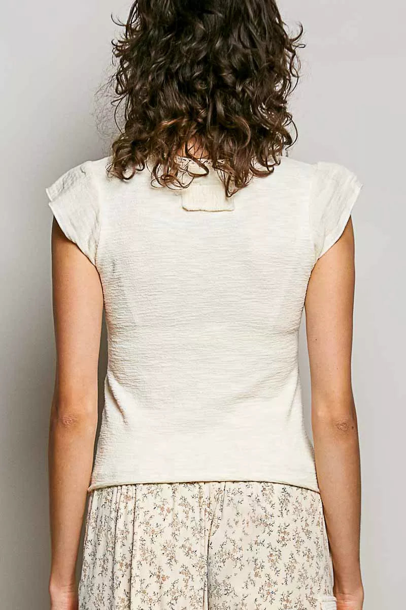 POL V-Neck Lightweight Textured Short Sleeve Knit Top with Lace Trim