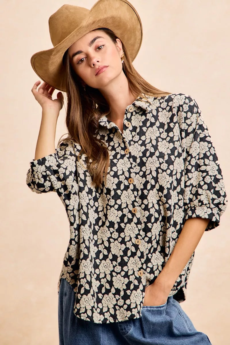 BiBi Floral Jacquard Short Dolman Sleeves Shirt