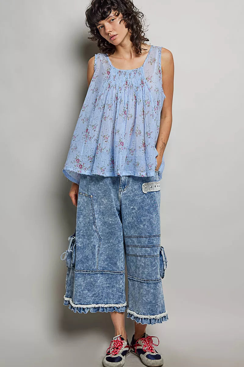 POL Round Neck Sleeveless Floral Pleated Cotton Top