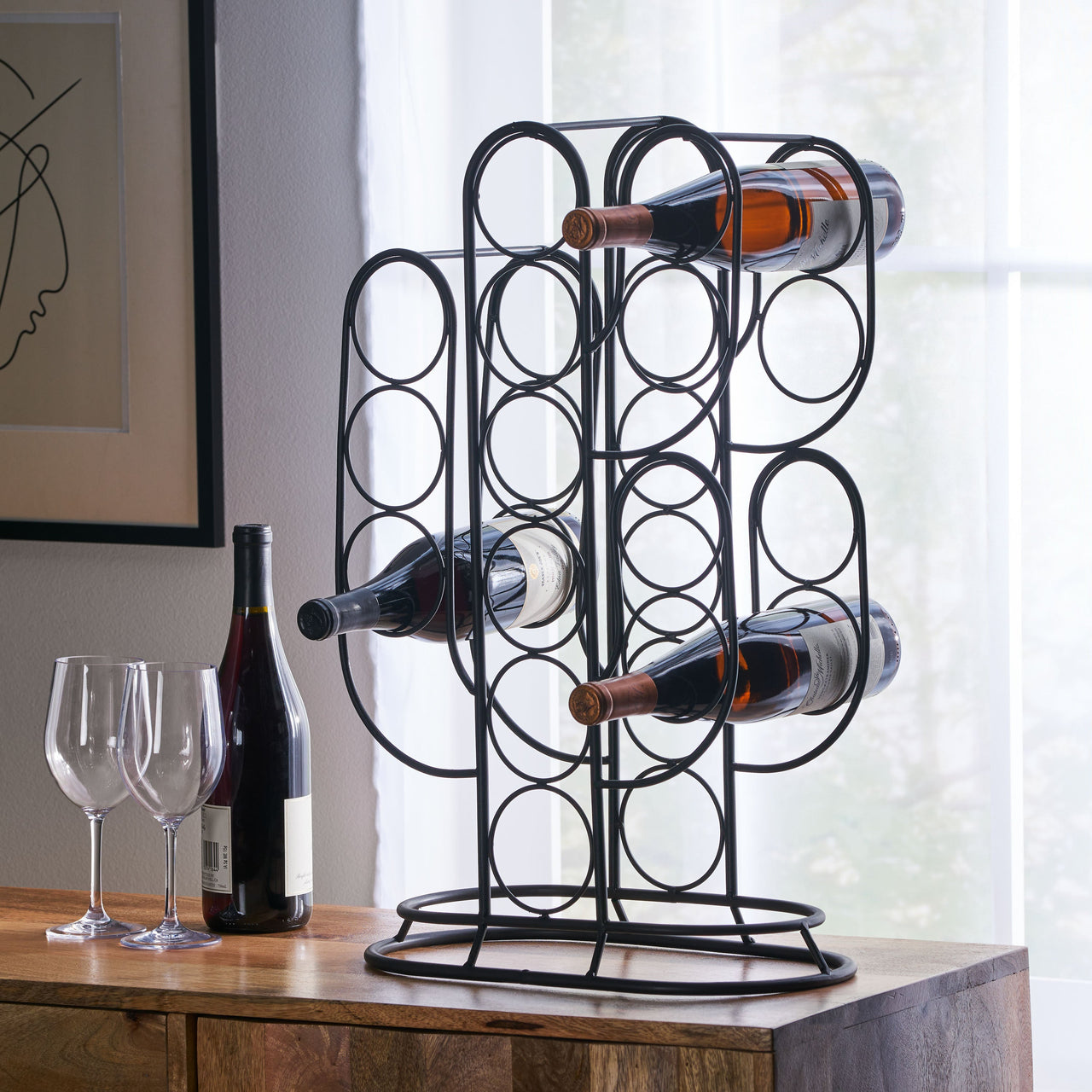 Modern Industrial Tabletop Wine Rack with Cactus Design in Black Metal for 13 Bottles