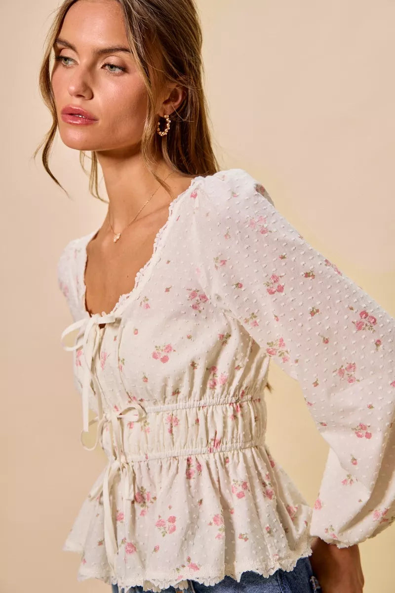 SO ME Floral Clip Dot Lace Trim Ruched Bodice Blouse