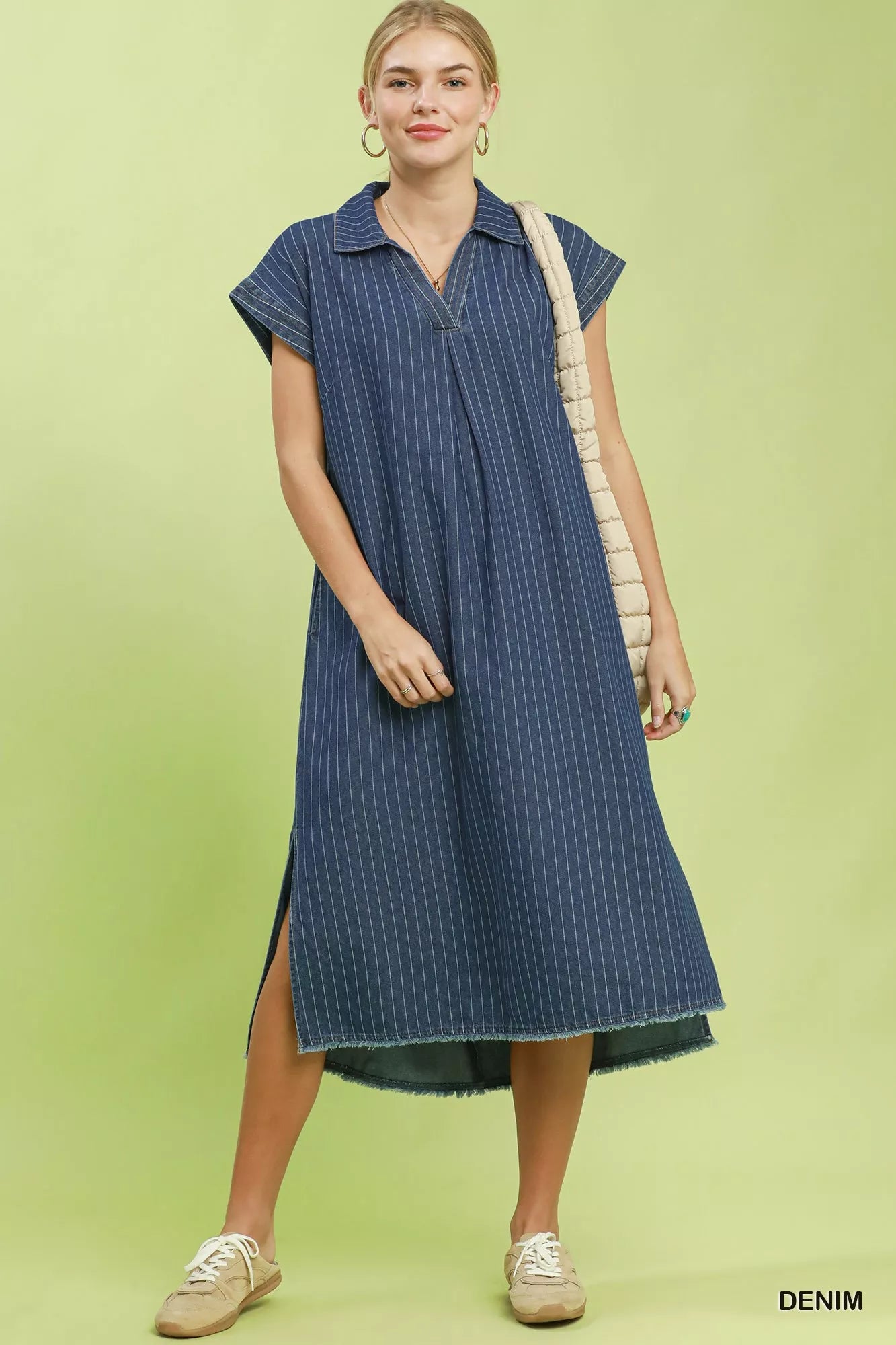 Umgee Pinstripe Denim Collared Midi Dress with Side Slits