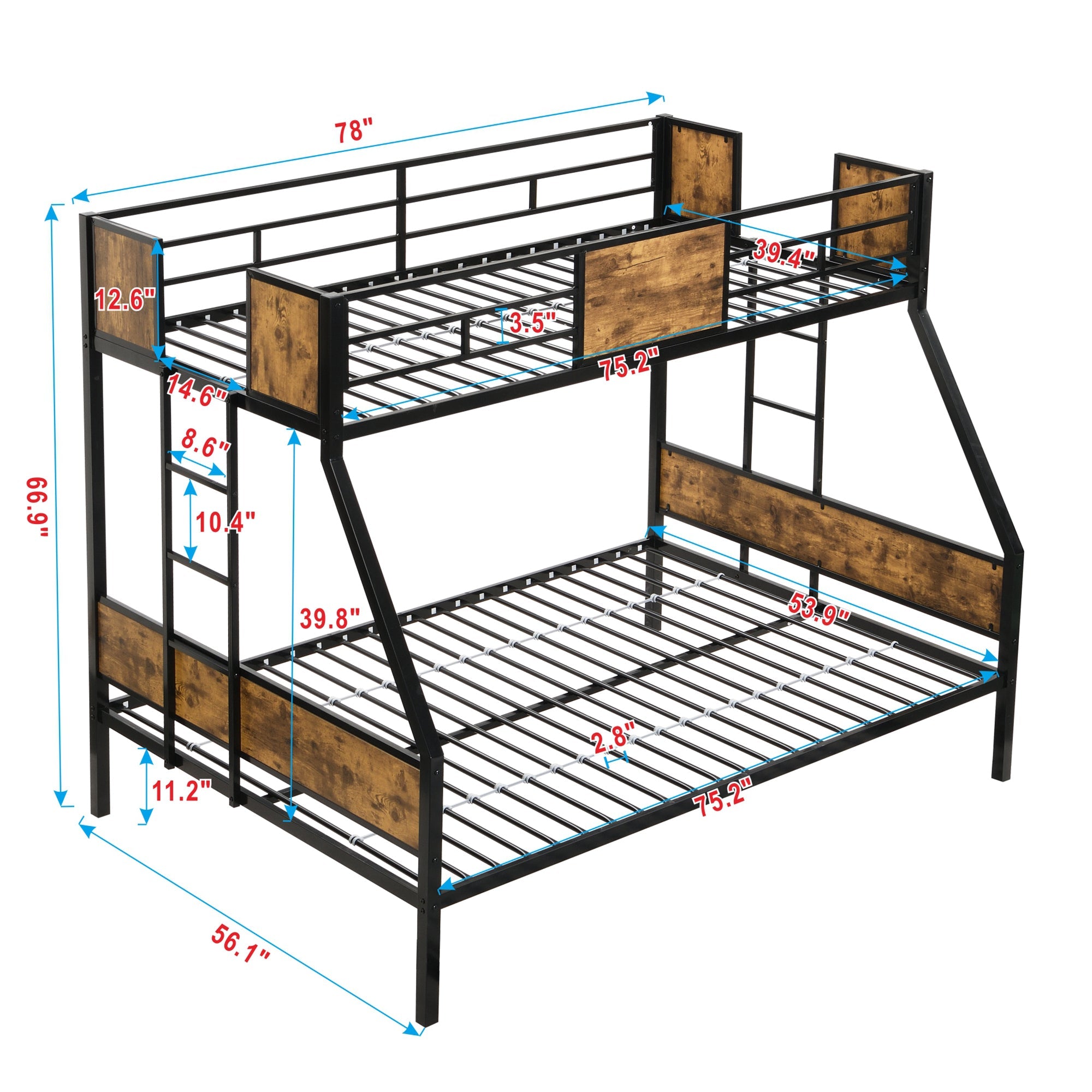 Modern Twin Over Full Metal Bunk Bed with 2-Side Ladder, Full-Length Guardrail, No Box Spring Needed, Black & Brown