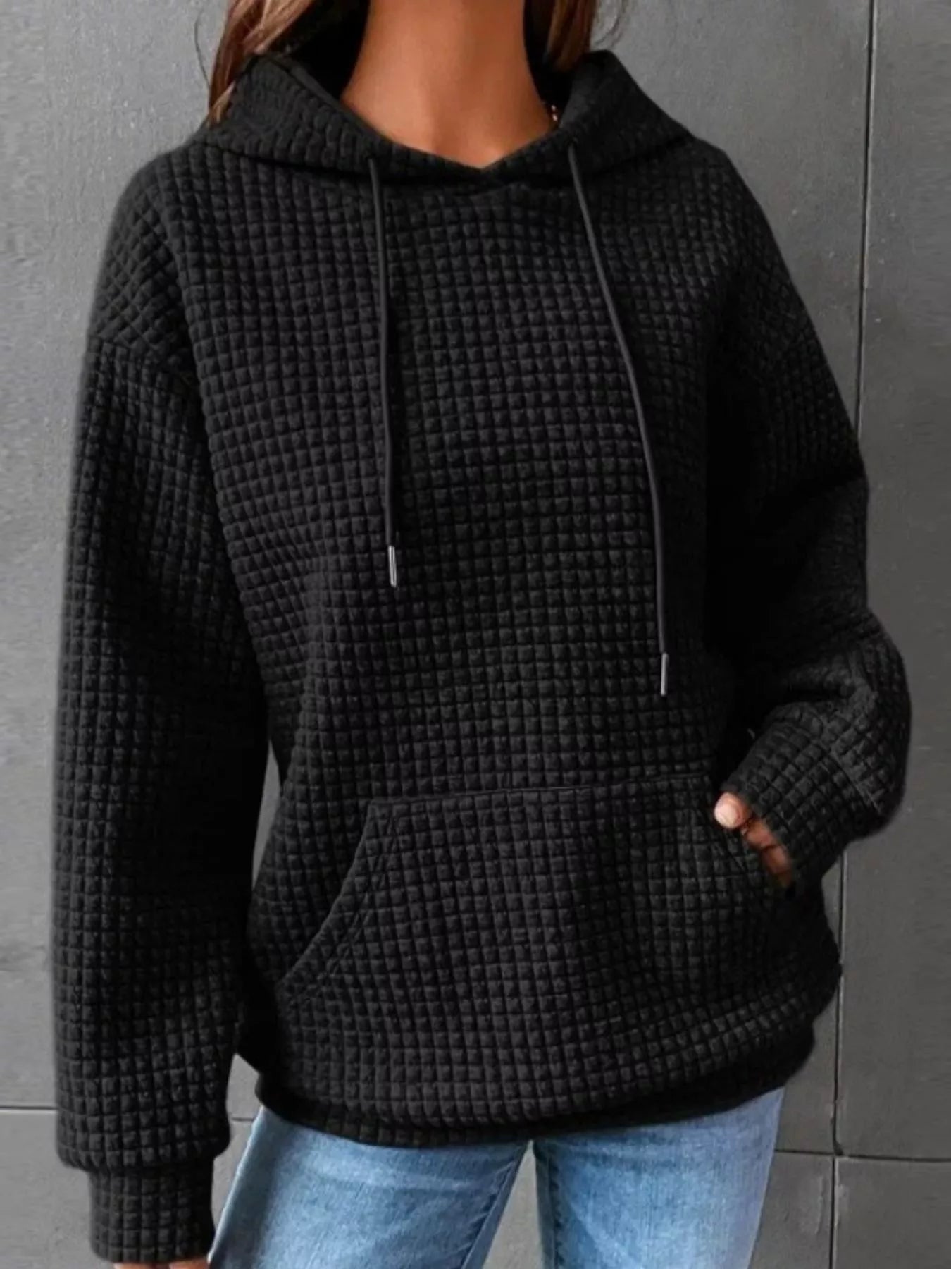 Full Size Textured Kangaroo Pocket Hoodie Plus Size